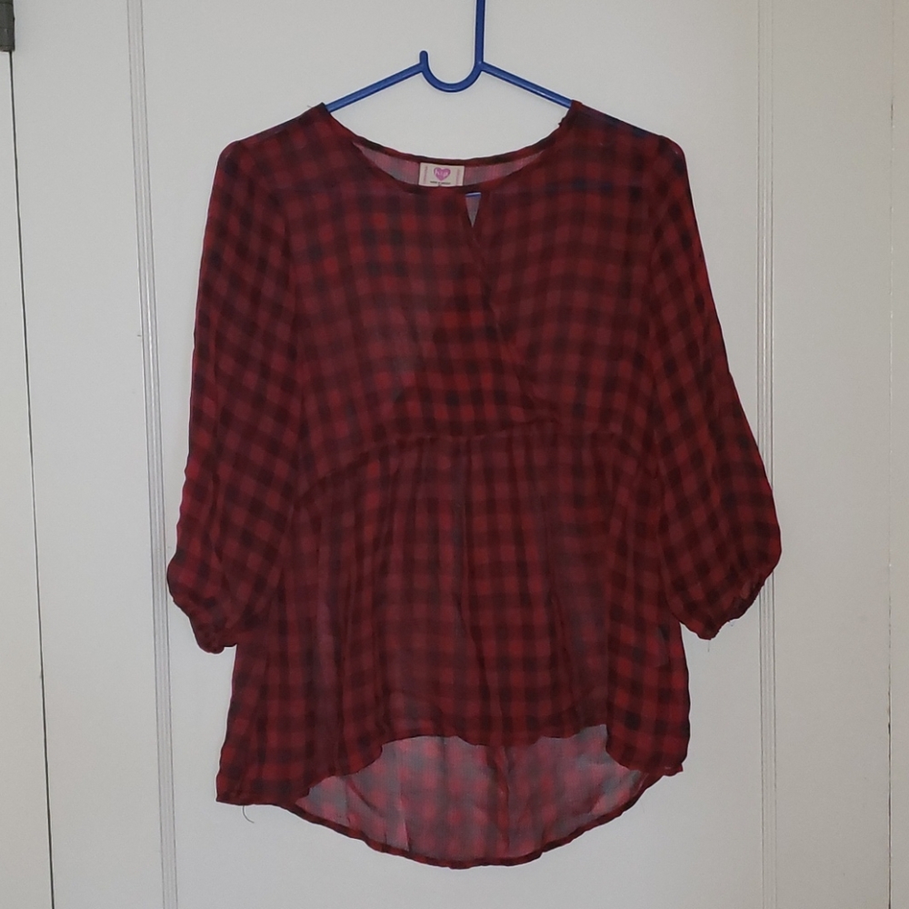 Junior's Size XL Red & Black Plaid Sheer Blouse